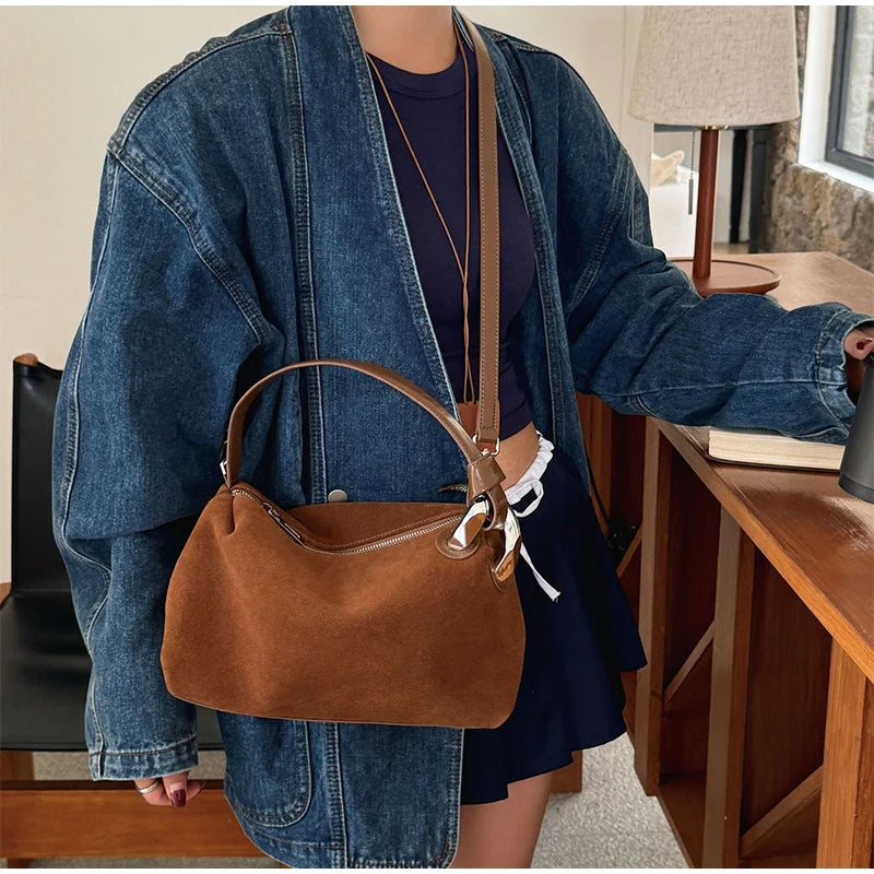 2026 New Fashion Brown Suede Genuine Leather Shoulder Bag Women's Retro Soft Tote Casual Daily Crossbody Handbag