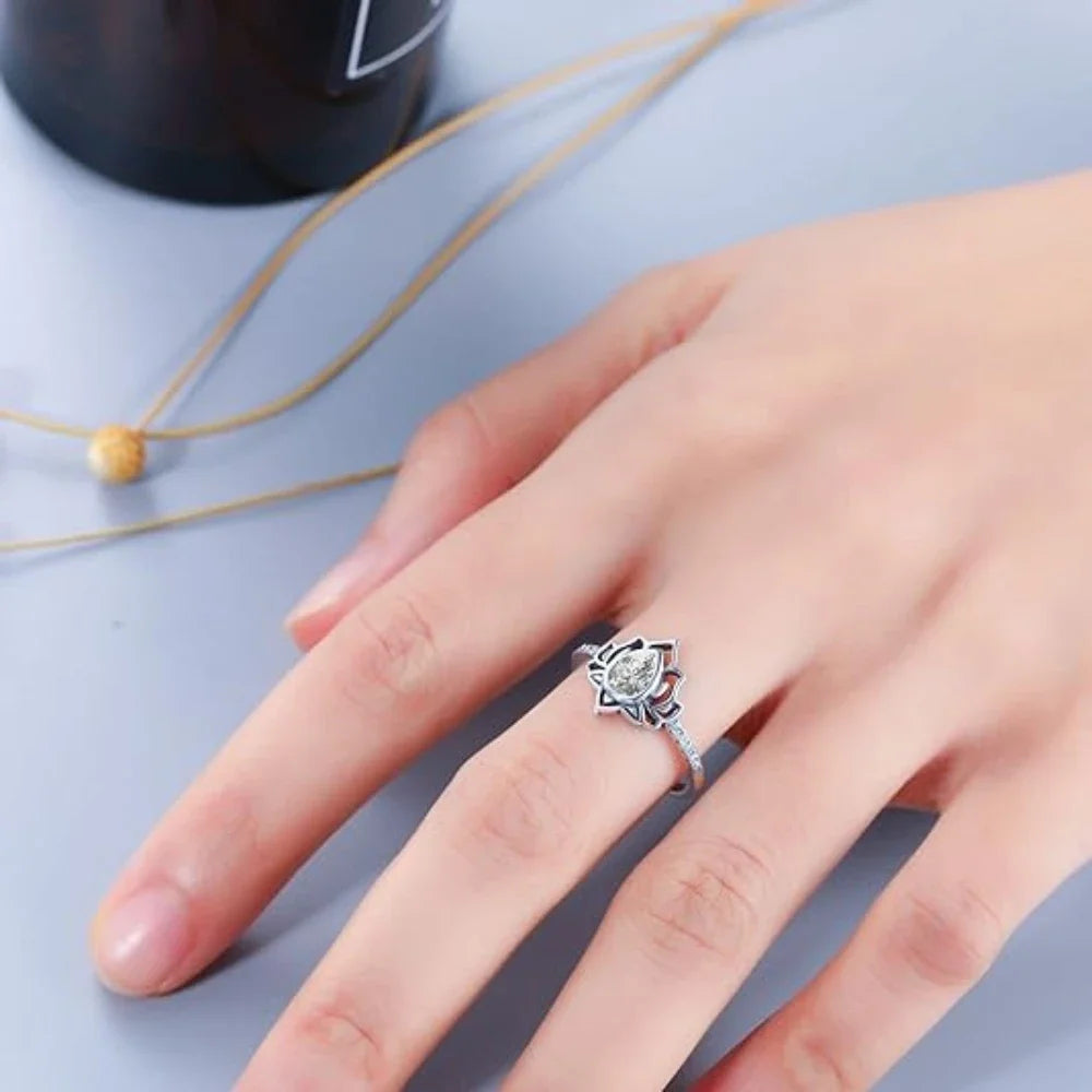 YILUOCD 925 Thai silver Adjustable Rings For Women Lotus Flower Colorful Zircon Ring Boho Female Fine Jewelry Gift