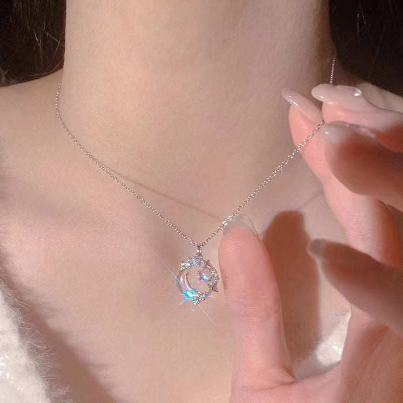 1PC New Elegent Silver Color Crystal Star Moon Necklace Charm Pendant Choker Necklace For Girl Women Statement Wedding Jewelries