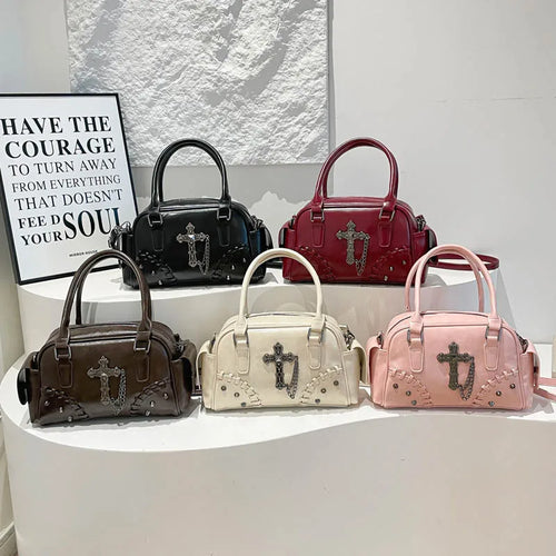 2026 Spring New Punk Gothic Cross Body Bag for Women Small Square Shoulder Bag with Metal Studs Cross Design Edgy Alternative