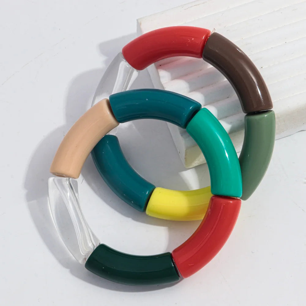 Bohemia Acrylic Bamboo Curved Tube Bracelet for Women Colorful Resin Chunky Elastic Stack Bracelets & Bangles Retro Jewelry Gift