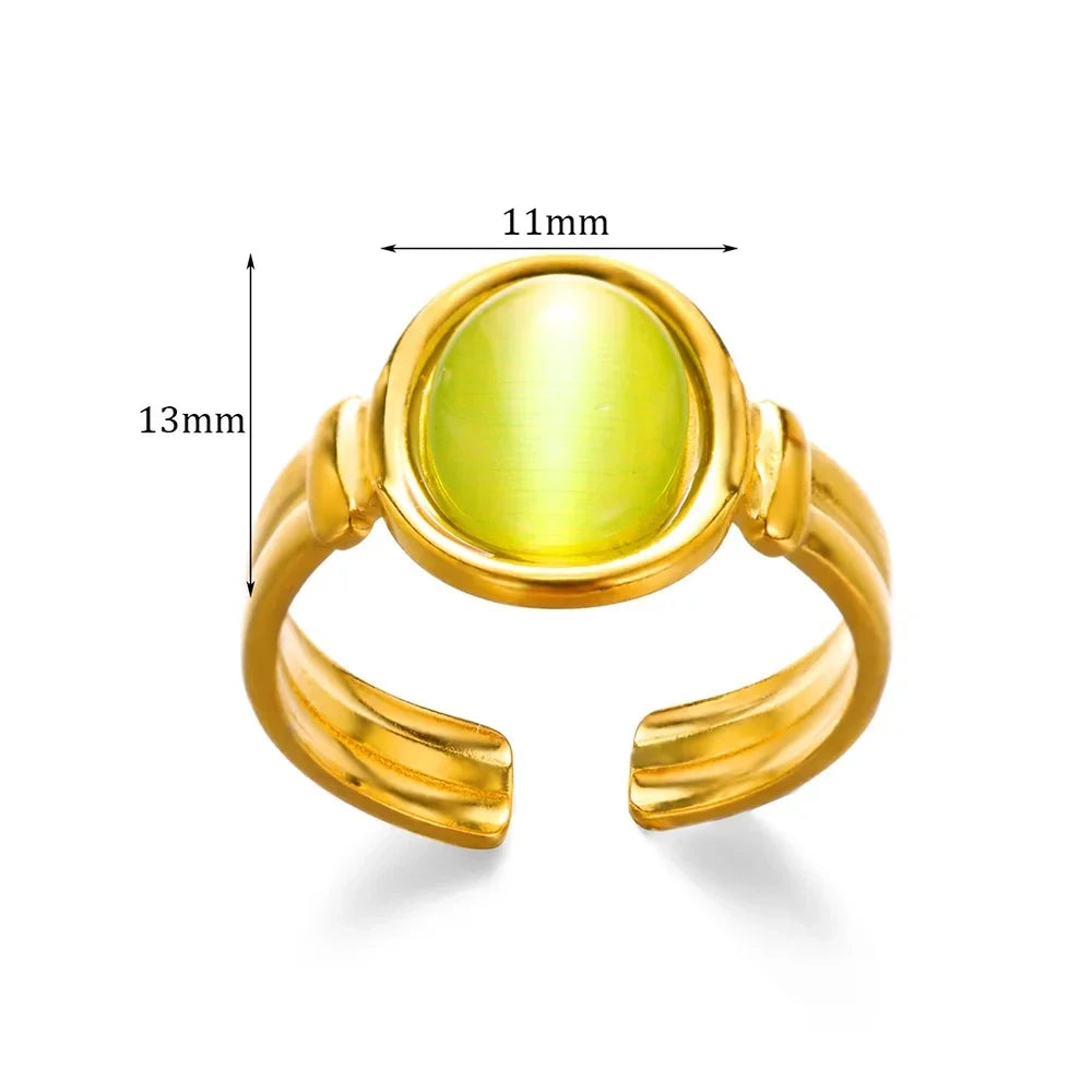 Luxury Oval Opal Rings For Women Fashion Geometric Stainless Steel Adjustable Natural Stone Sun Aesthetic Weeding Jewelry BFF