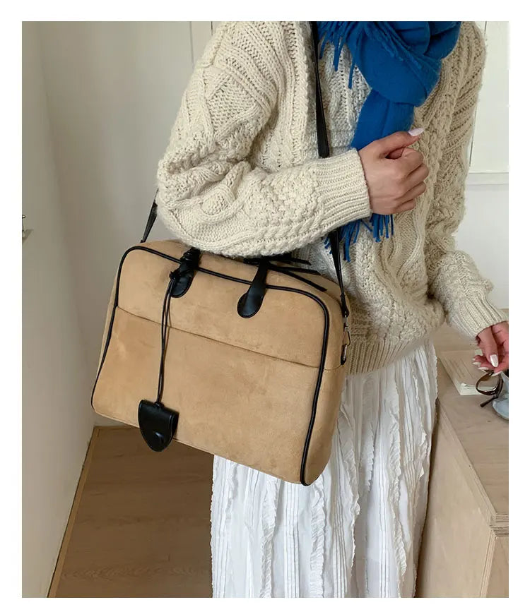 Faux Suede Taupe Retro Tote Bags for Women Solid Color Large Capacity Commuting Versatile Casual Shoulder Bag Classic Handbag