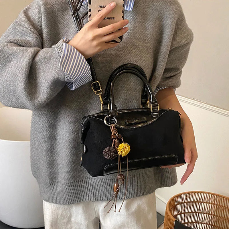 New Retro Frosted Tote Bag Boston Bag Pu Suede Women'S Shoulder Crossbody Bag Commuter Bag