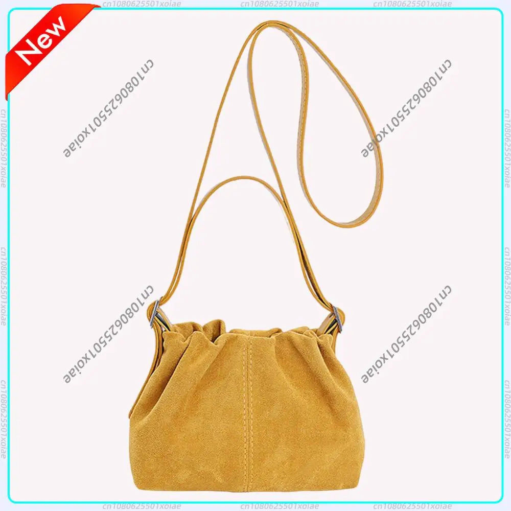 Women Suede Leather Shoulder Bag Vintage Tote Handbag Travel Autumn Winter Causal Crossbody Bags Lightweight Drawstring Handbag