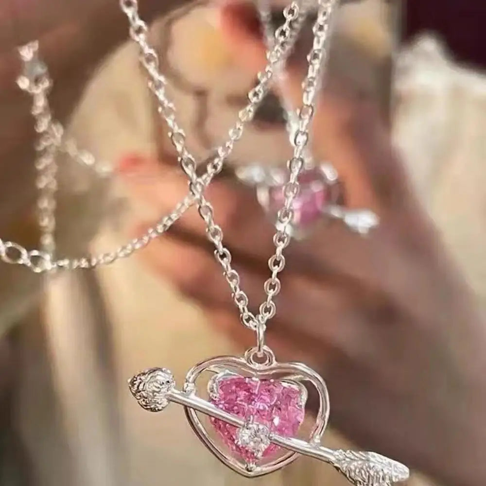 2024 New Love Pink Diamond Necklace Female Light Luxury Inlaid One Arrow Through The Heart Clavicle Chain Tanabata Gift