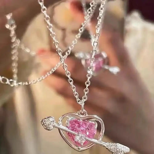 2024 New Love Pink Diamond Necklace Female Light Luxury Inlaid One Arrow Through The Heart Clavicle Chain Tanabata Gift
