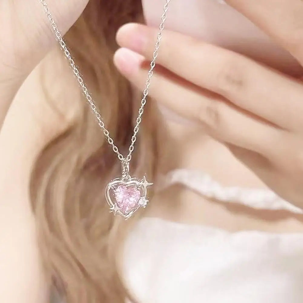 New Fashion Trendy Crystal Pink Zircon Heart Pendant Necklace For Women Girl Elegant and Sweet Punk Party Jewelry