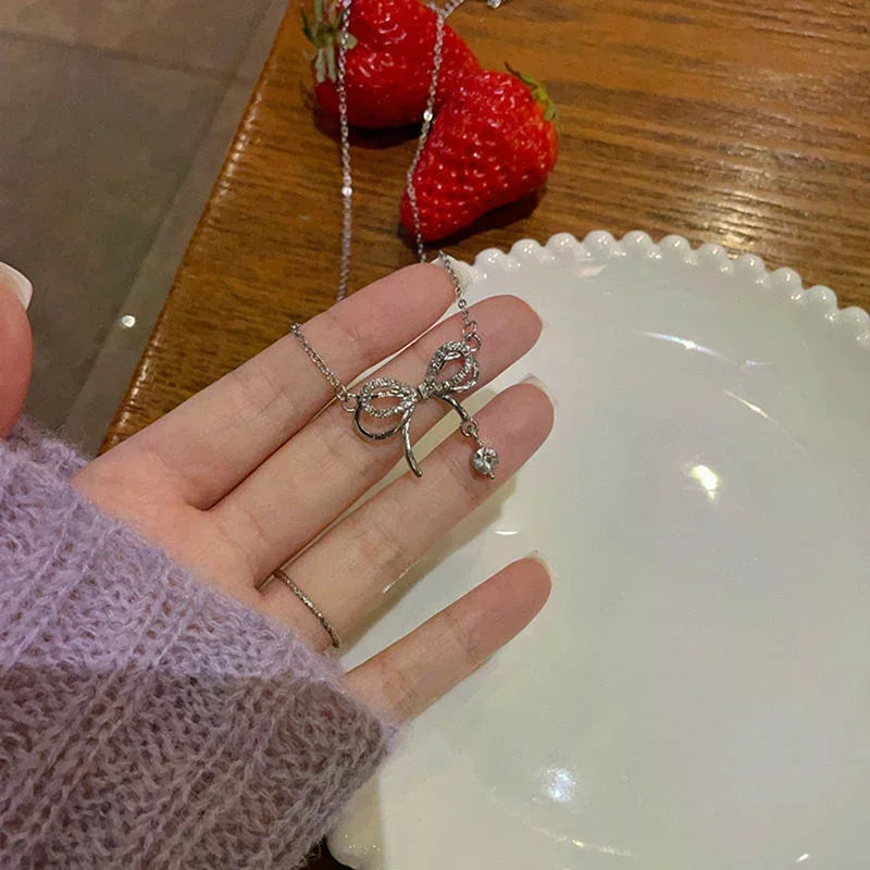 Zircon Bow Knot Pendant Necklace for Women Design Elegant Korean Fashion Necklaces Woman Charms Necklace Party Lady Accesorios