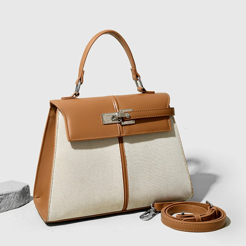 Luxury High-end Brand Handbag For Women Canvas Stitching Leather Silver Button Tote Bag Jw Large Capacity Banquet Shoulder Purse