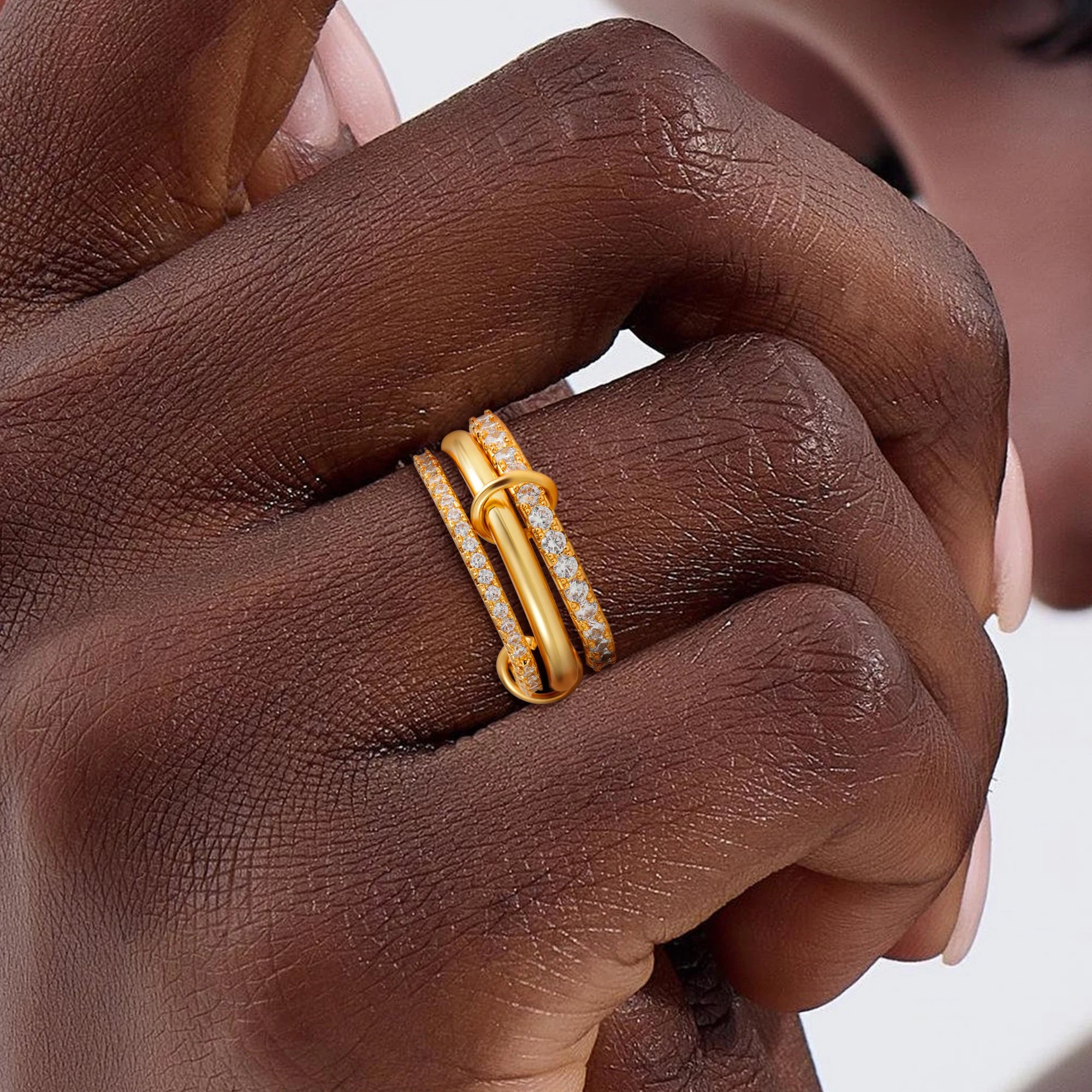 Luxury Cubic Zirconia Gold Plating Multilayer Connecting Rings for Women Fashion Mixed Color Stackable Finger Ring Party Jewelry