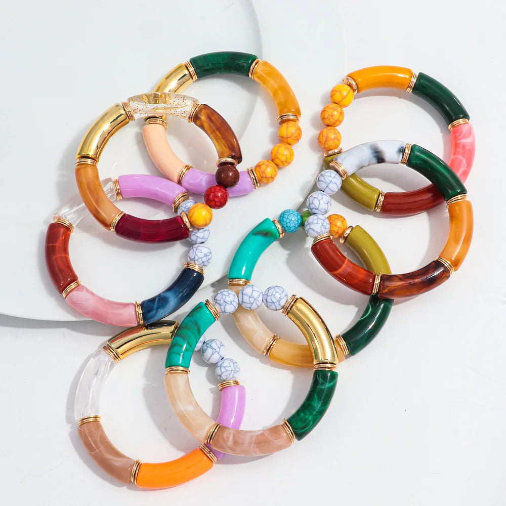 Bohemia Acrylic Bamboo Curved Tube Bracelet for Women Colorful Resin Chunky Elastic Stack Bracelets & Bangles Retro Jewelry Gift