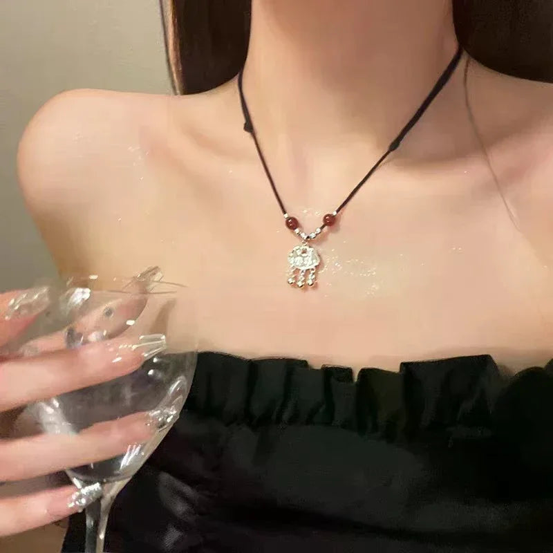 Chinese Style Fashion Retro Braided Rope Necklace Butterfly Flower Moon Safety Lock Pendant Necklace For Women Vintage Jewelry
