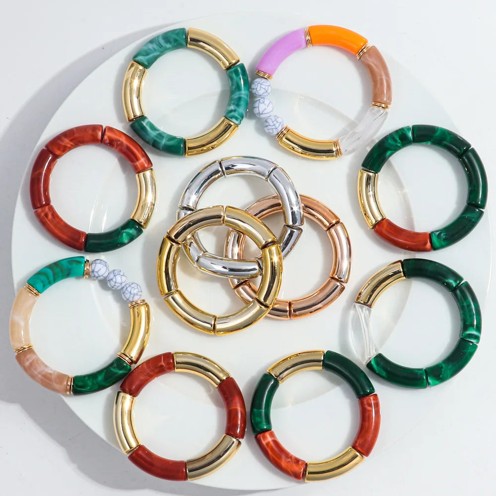 Bohemia Acrylic Bamboo Curved Tube Bracelet for Women Colorful Resin Chunky Elastic Stack Bracelets & Bangles Retro Jewelry Gift