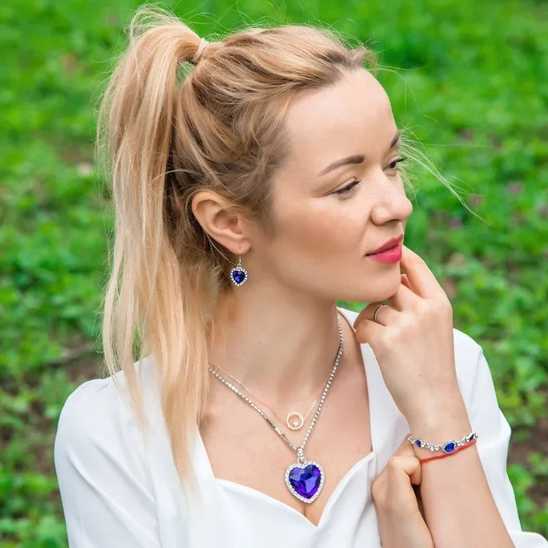 3 Pieces/set Blue and Red Ocean Heart Women's Necklace Love Crystal Zircon Jewelry Set  Wedding Party