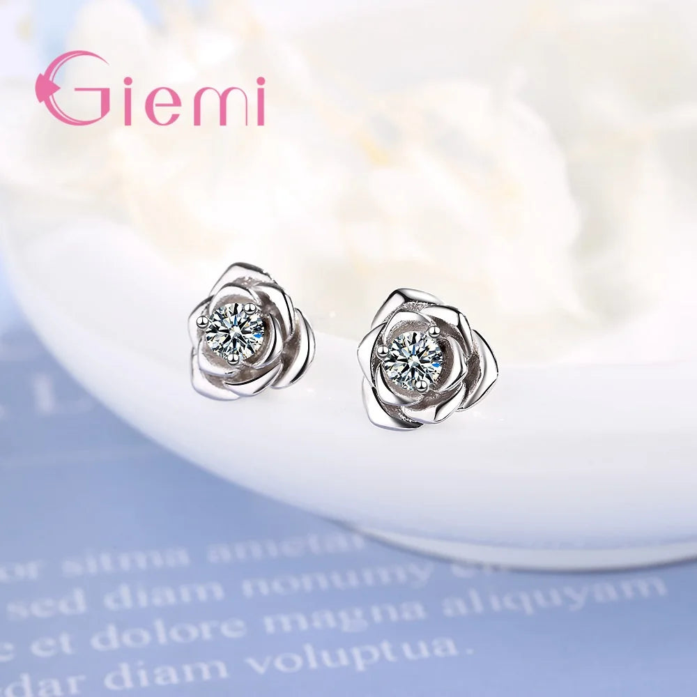 Sparkling 100% Solid 925 Sterling Silver Stud Earrings Clear AAA Cubic Zircon Rose Design Jewelry for Women Wedding Engagement