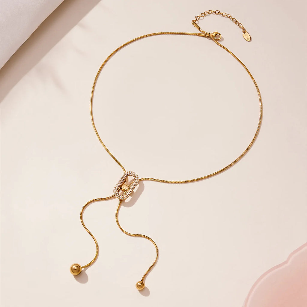 Ars 18K Gold Plated Y Necklace Stainless Steel Tassel Necklace Adjustable Oval Pendant Necklace Women's Zircon Lariat Necklaces
