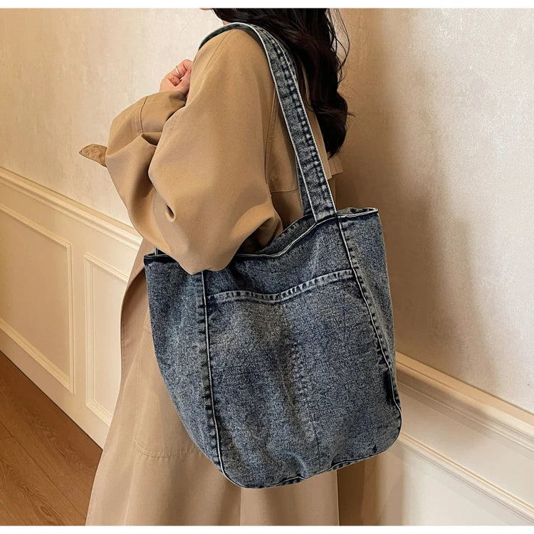 Casual Denim Shoulder Bag for Women Minimalist Daily Commute Crossbody Bag with Interior Zipper Pocket  Simple & Cool Design