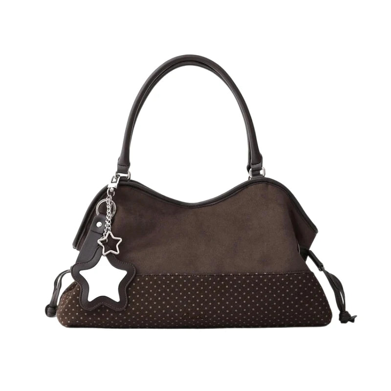 Polka Dot Suede Shoulder Bag Women Stylish Brown Slouchy Tote Drawstring Design Magnetic Buckle Underarm Bag With Star Pendant