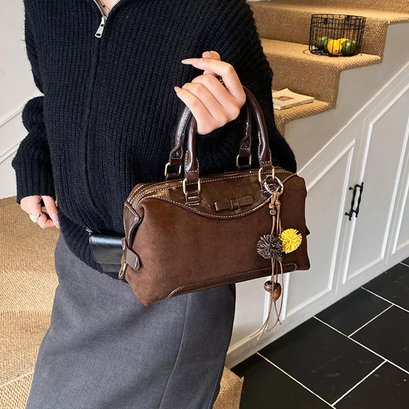 New Retro Frosted Tote Bag Boston Bag Pu Suede Women'S Shoulder Crossbody Bag Commuter Bag
