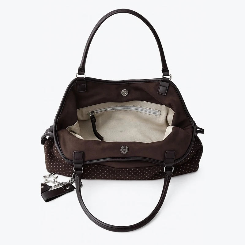 Polka Dot Suede Shoulder Bag Women Stylish Brown Slouchy Tote Drawstring Design Magnetic Buckle Underarm Bag With Star Pendant