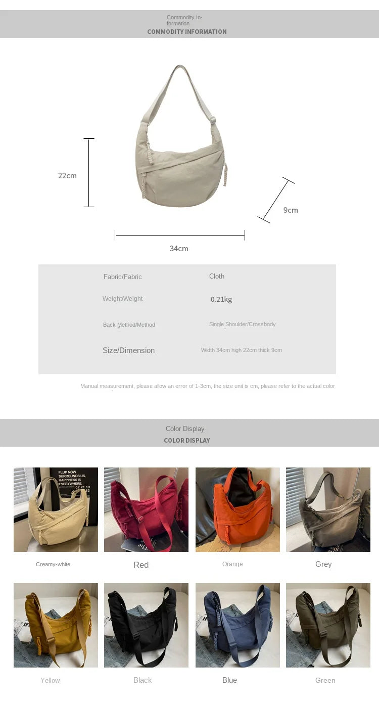 Leisure Unisex Crossbody Bags Summer New Campus Sports Style Shoulder Hobos Bag Solid Color Large Capacity Messenger Bag