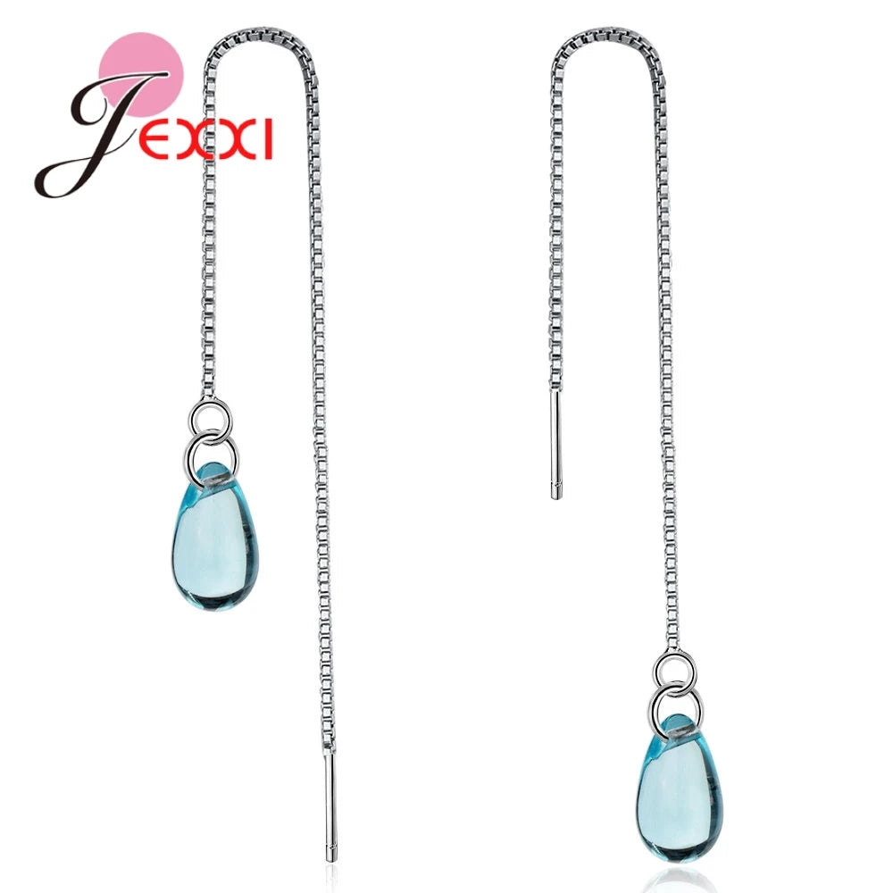 New 925 Sterling Silver Jewelry For Women Girls Lond Dangle Earrings Blue Clear Crystal Pendant Brincos Pendientes Gifts