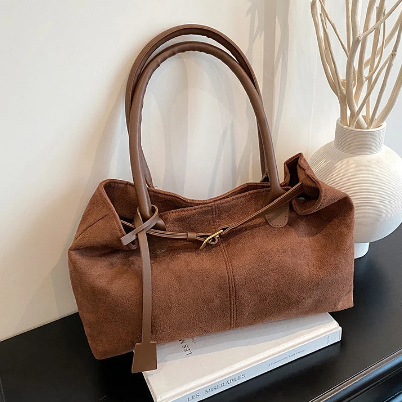 Belt Design Matte Leather Women's Tote Shoulder Bag Suede Velvet Female Underarm Bags Large Capacity Ladies Work Handbags Purse