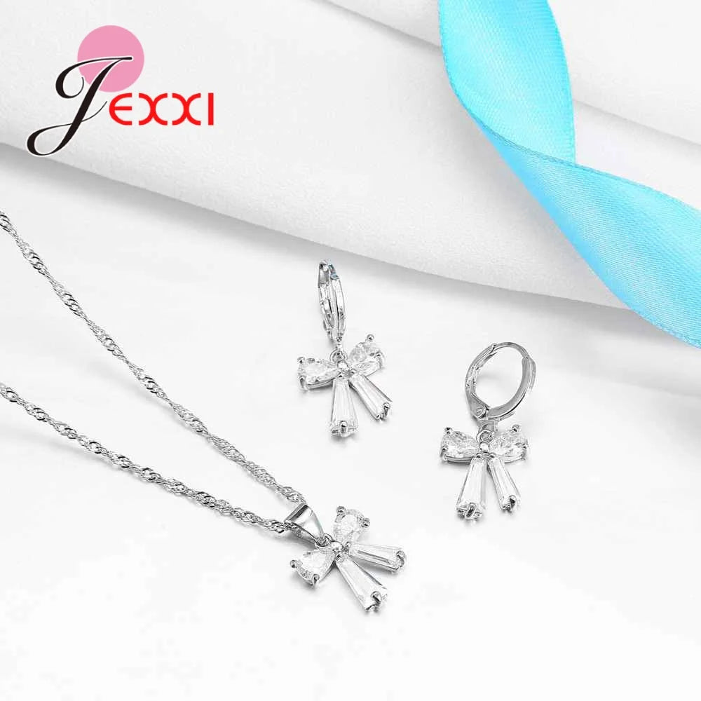 Girls Daily Decorations Simple Bowknot Necklace+Earrings 925 Sterling Silver Jewelry Sets Popular Styles Dropshipping
