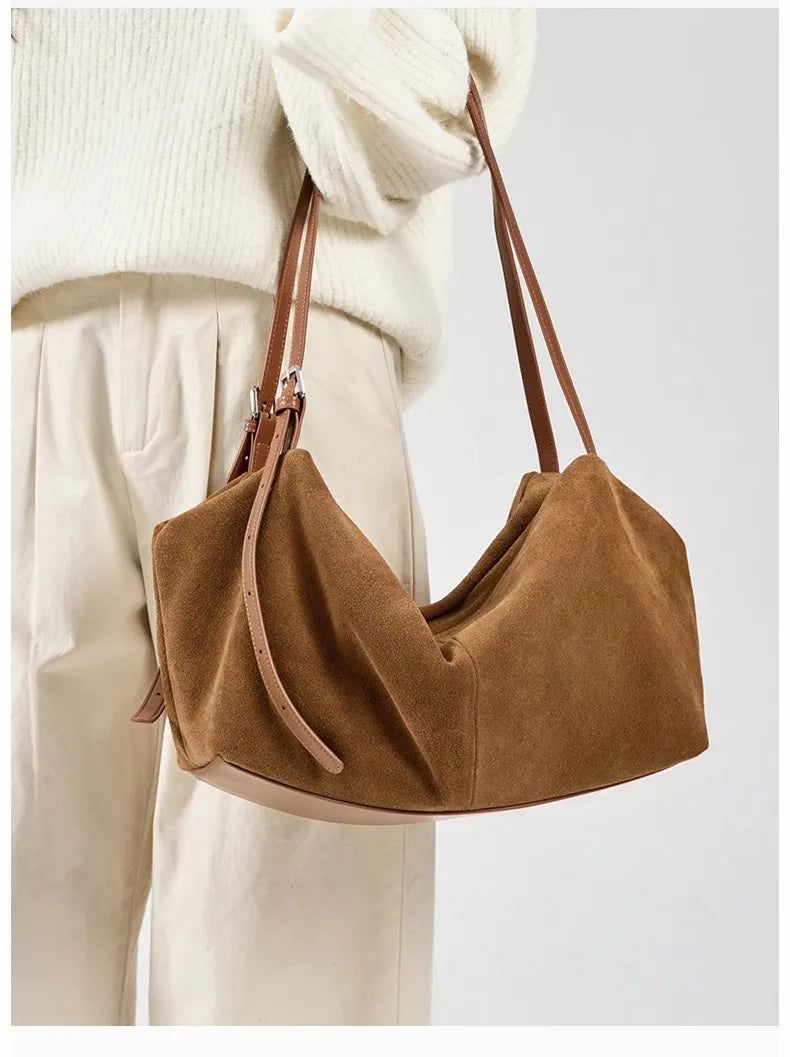 Women's Suede Cow Genuine Leather Shoulder Bags Ladies Soft Cowhide Crossbody Bag Female Design Luxury Lazy Commuting Handbag
