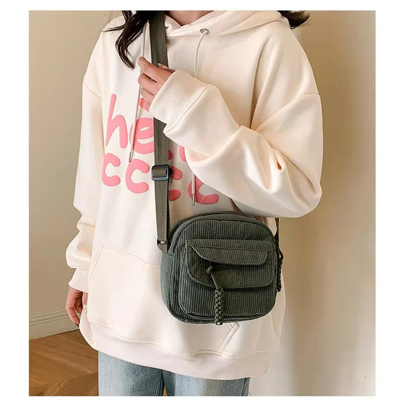 Corduroy Crossbody Bag for Women Casual Harajuku Style Zipper Closure Adjustable Strap Multi Pockets Polyester Lining Beige