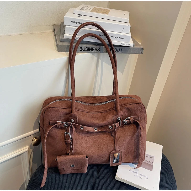 New Retro Ladies Tote Bag Highend Pu Suede Handbag Fashion Simple Large-capacity Shoulder Bag Korean Version Commuter Travel Bag