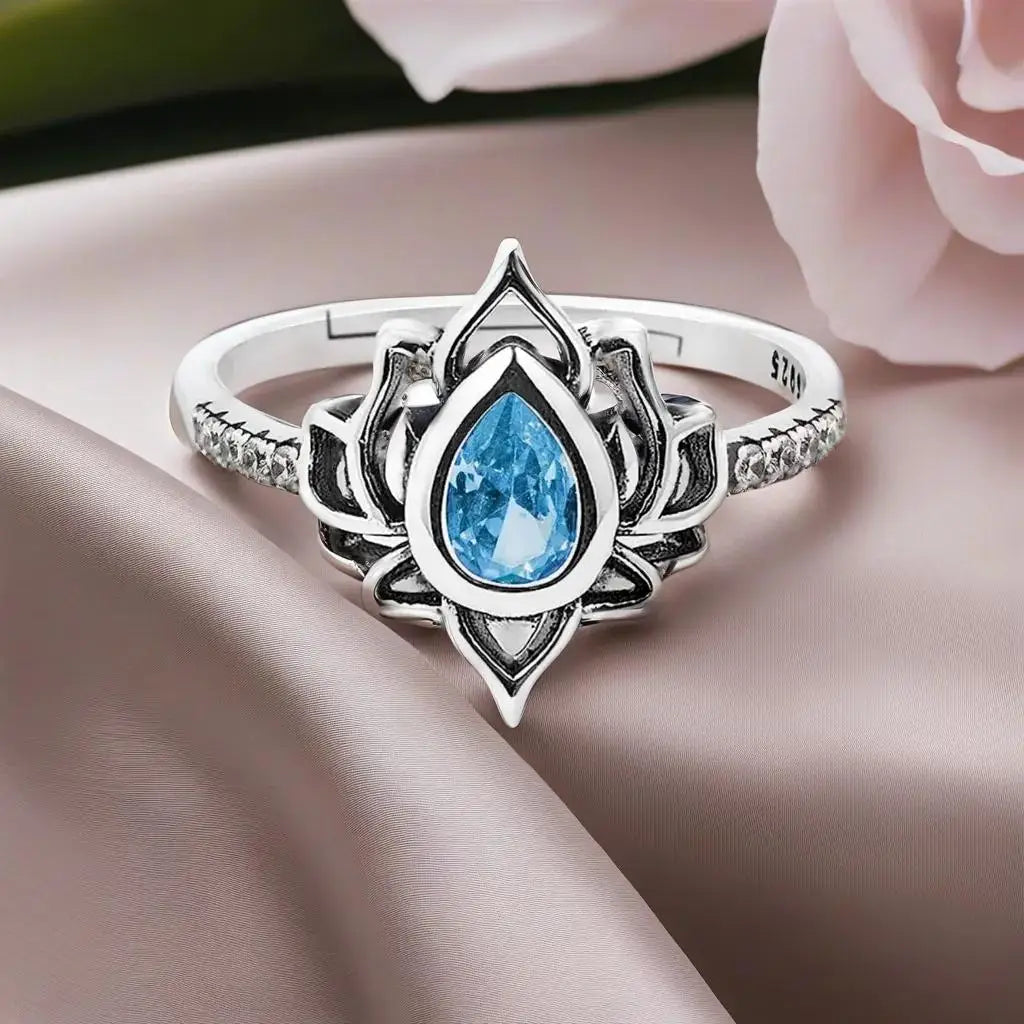 YILUOCD 925 Thai silver Adjustable Rings For Women Lotus Flower Colorful Zircon Ring Boho Female Fine Jewelry Gift