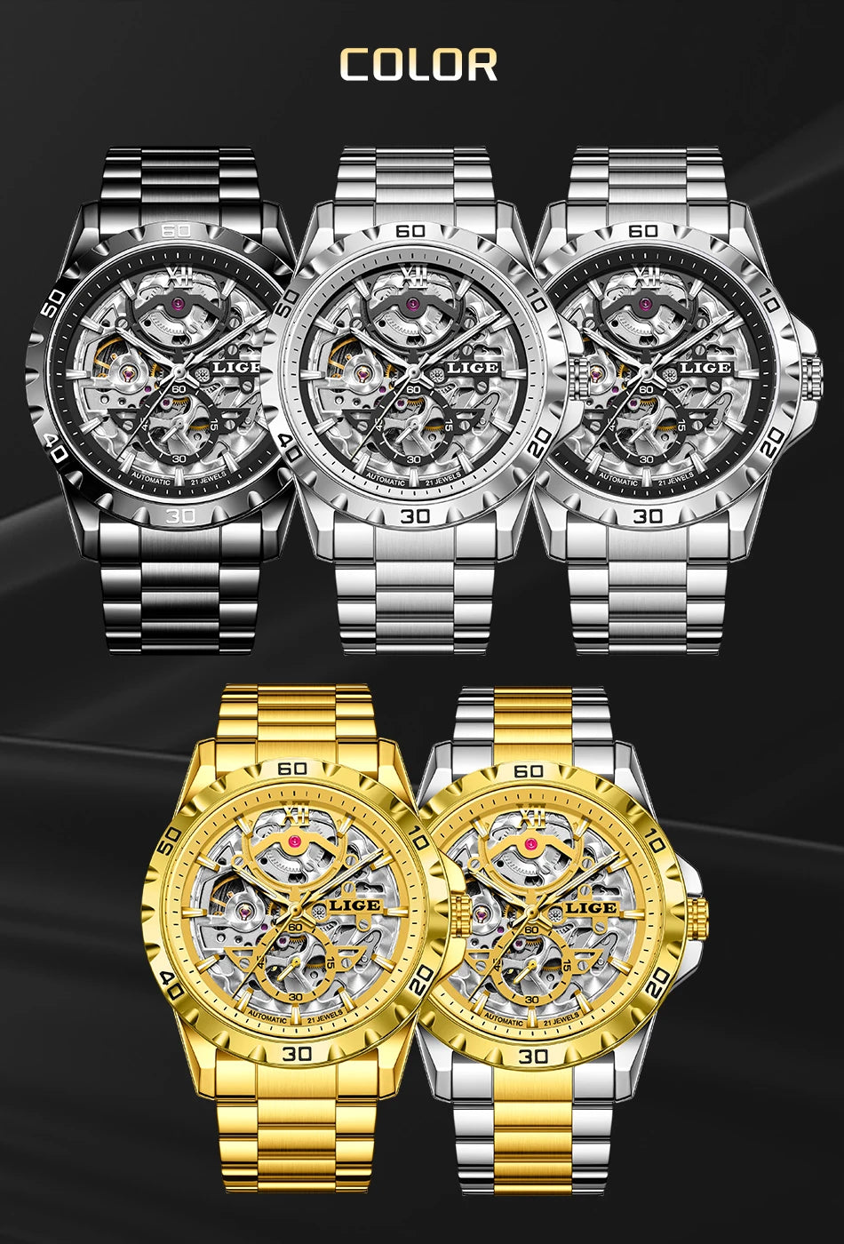 LIGE Luxury mechanical Watches Automatic wristwatches Date Luminous Waterproof Hollow TourbillonMen Watch Relogio mecanico reloj