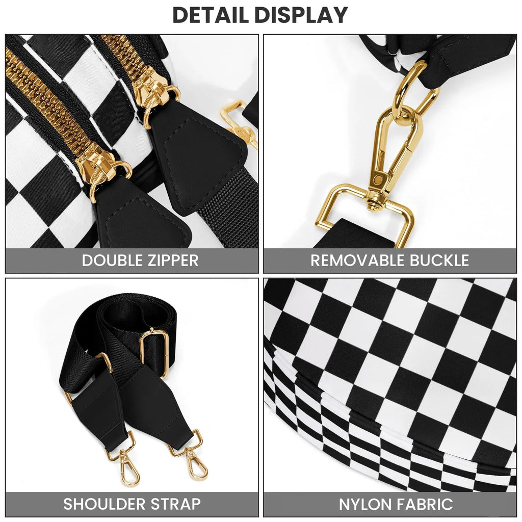 Spacious Black and White Checkered Crossbody Bum Bag, Spacious Design for Essentials Plus Size Friendly Strap 55"