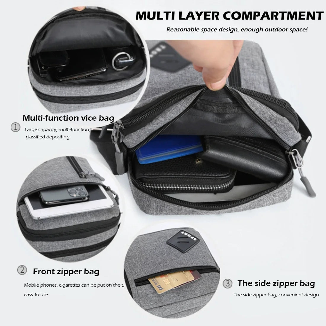 Men’s Crossbody Shoulder Bag, Lightweight Casual Sling Bag with Multi Zipper Pockets for Travel, Work, Daily Use