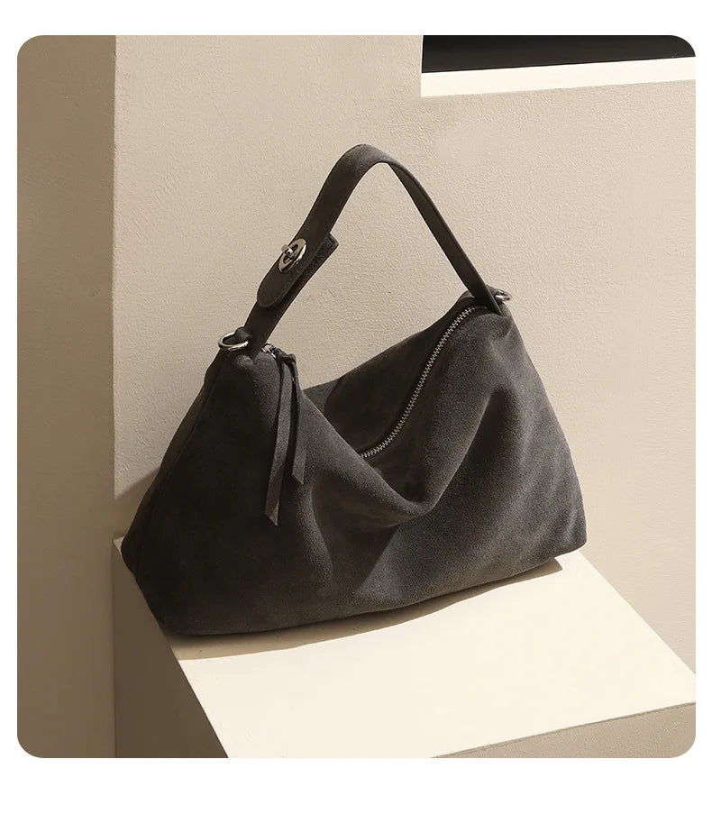 Genuine Grade Autumn Winter Big Boston Luxury Designer Tote Soft Matte Suede Leather Women Handbag Female Shoulder Crossbody Bag