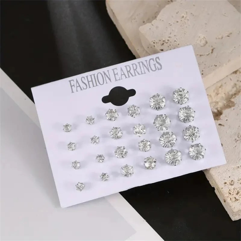 12 Pairs Six Claw Zircon Earrings Set Geometric White Shiny Crystal Wedding Stud Earrings Set for Women Men Jewelry Accessories