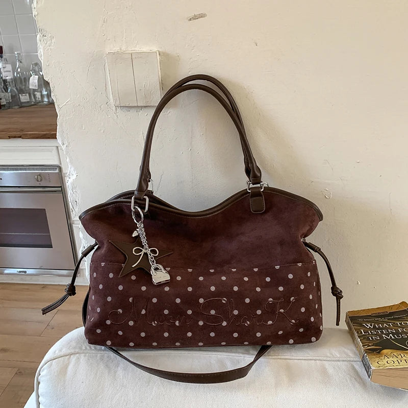 Polka Dot Suede Shoulder Bag Women Stylish Brown Slouchy Tote Drawstring Design Magnetic Buckle Underarm Bag With Star Pendant