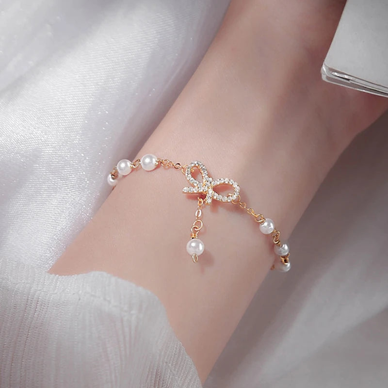 Fashion Women Bow Pearls Charm Bracelet High Quality Crystal Thin Chain Bracelet Fashion Jewelry Hello Girl Gift