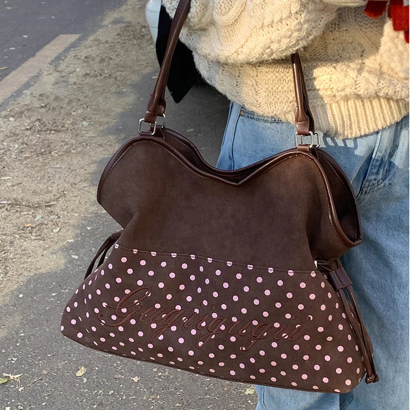 Polka Dot Suede Shoulder Bag Women Stylish Brown Slouchy Tote Drawstring Design Magnetic Buckle Underarm Bag With Star Pendant