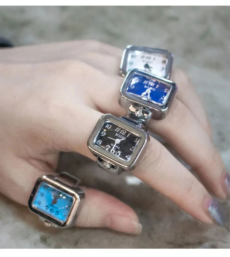 Fashion Adjustable Time Real Watch Rings for Men Women Square Dial Stainless Steel Punk Hiphop Jewelry Mini Battery Clock Gifts