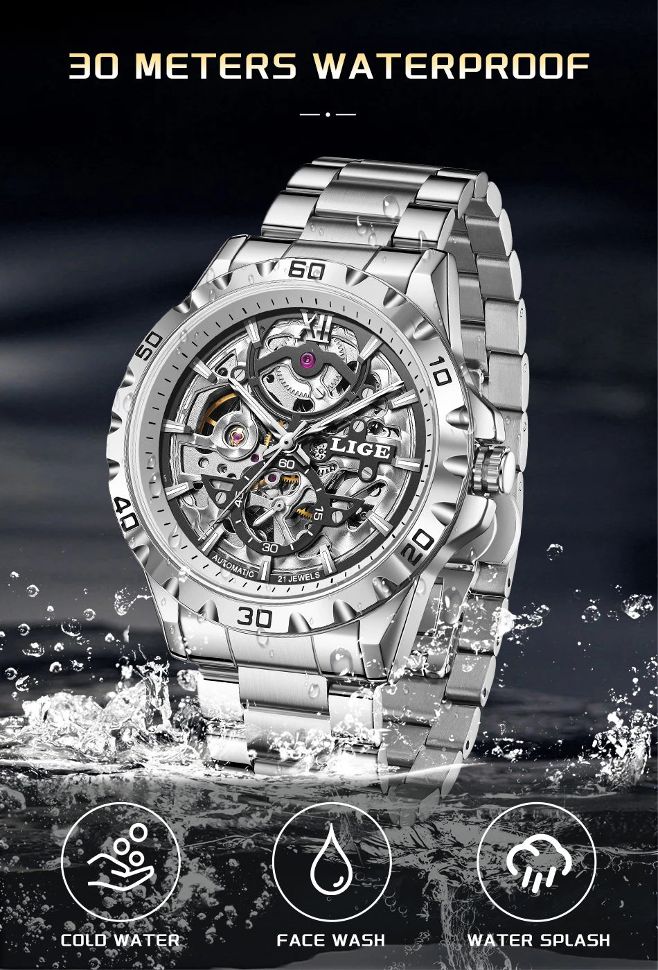 LIGE Luxury mechanical Watches Automatic wristwatches Date Luminous Waterproof Hollow TourbillonMen Watch Relogio mecanico reloj