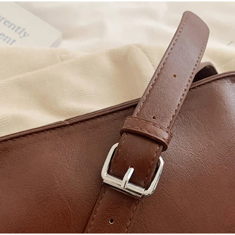 Crossbody Messenger Bag,Designer Versatile Large Capacity Commuting Shoulder Bag,Lady PU Tote Bags Vintage Buckle Handbag Brown
