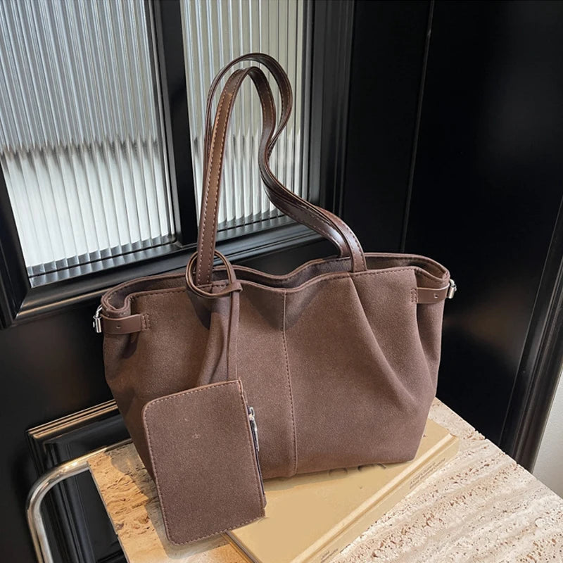 Suede Shoulder Bags for Women Large Capacity Totes Lightweight Underarm Bag Casual Shopper Handbag Solid Color Travel Bucket Bag