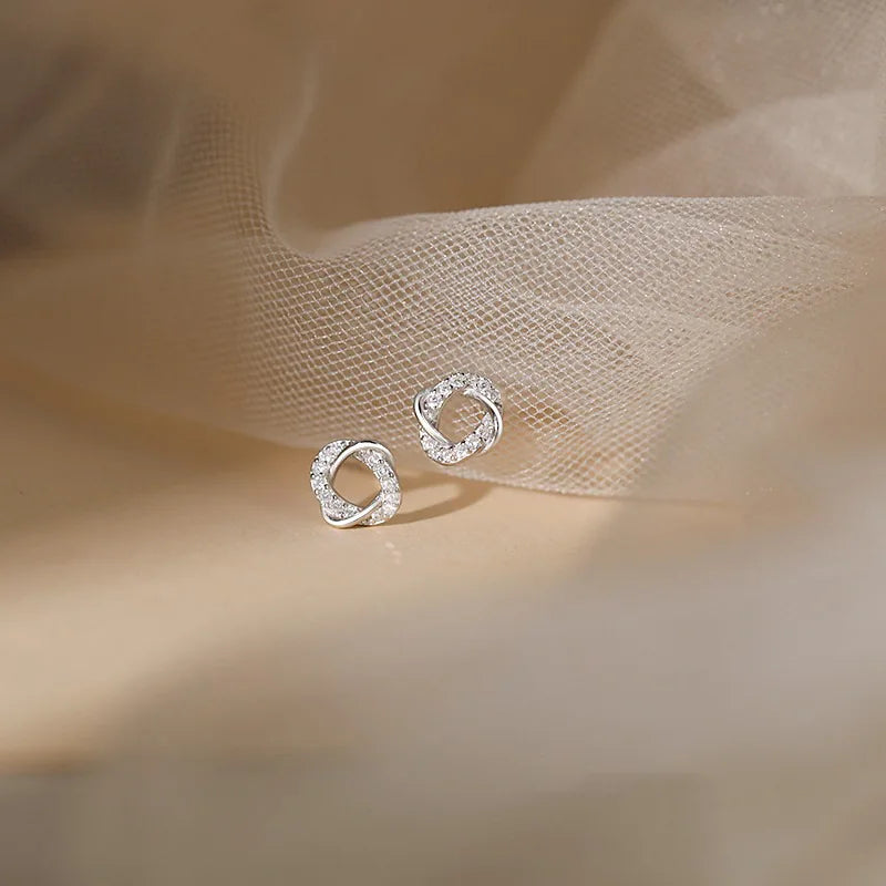 Shiny Trendy Sterling Silver Inlaid Tiny Zircon Hollowed-out Circular Stud Earrings for Woman Geometry Line Enwind Jewelry Gifts