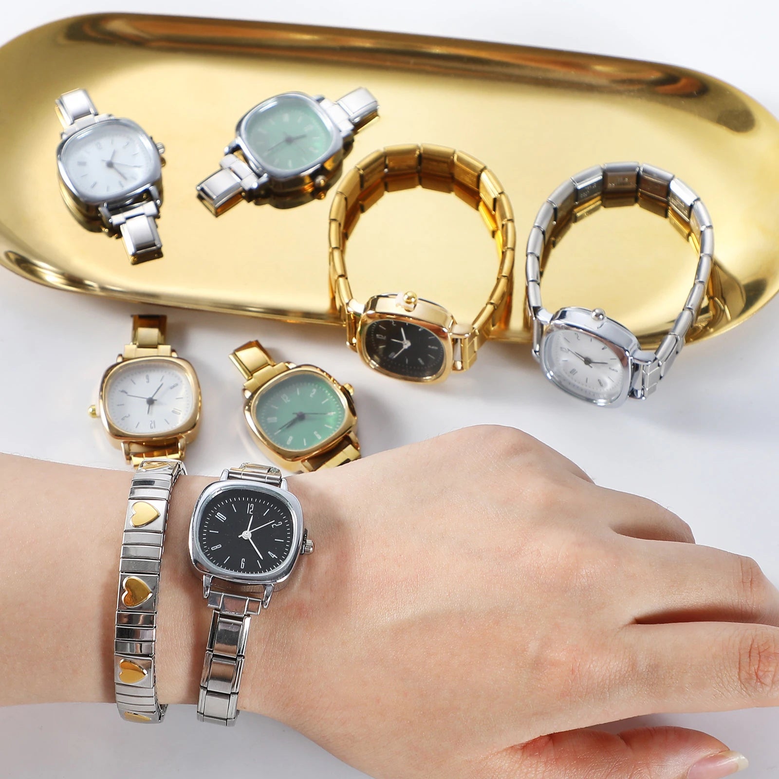 New Fashion Men Women's DIY 9mm Width Italian Elastic Charm Stainless Square Round Watch Bracelet Bangle For Birthday Gifts