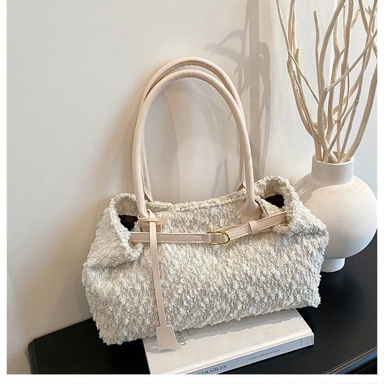 Belt Design Matte Leather Women's Tote Shoulder Bag Suede Velvet Female Underarm Bags Large Capacity Ladies Work Handbags Purse
