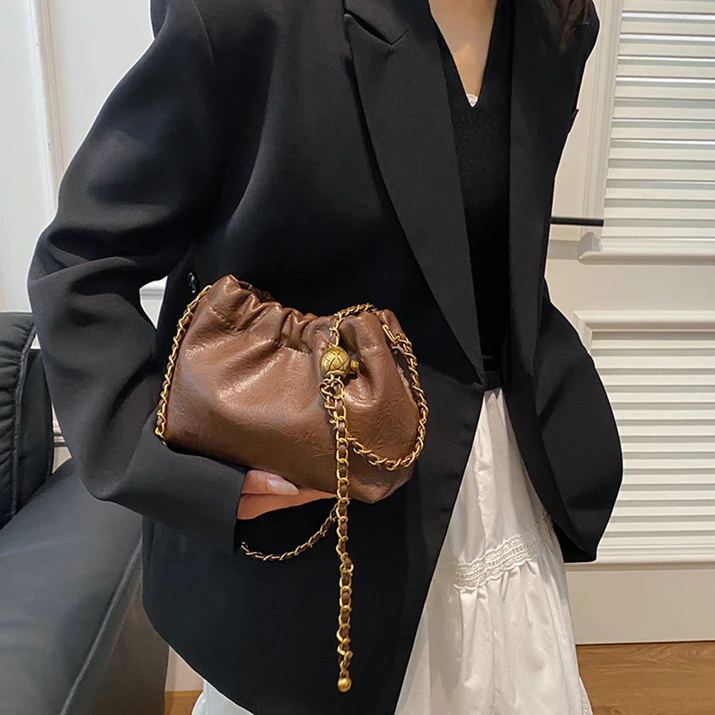 Women's Crossbody Tote Bag PU Leather Hobo Bag Fashionable Retro Bucket Bag Korean High-End Chain Crossbody Bag
