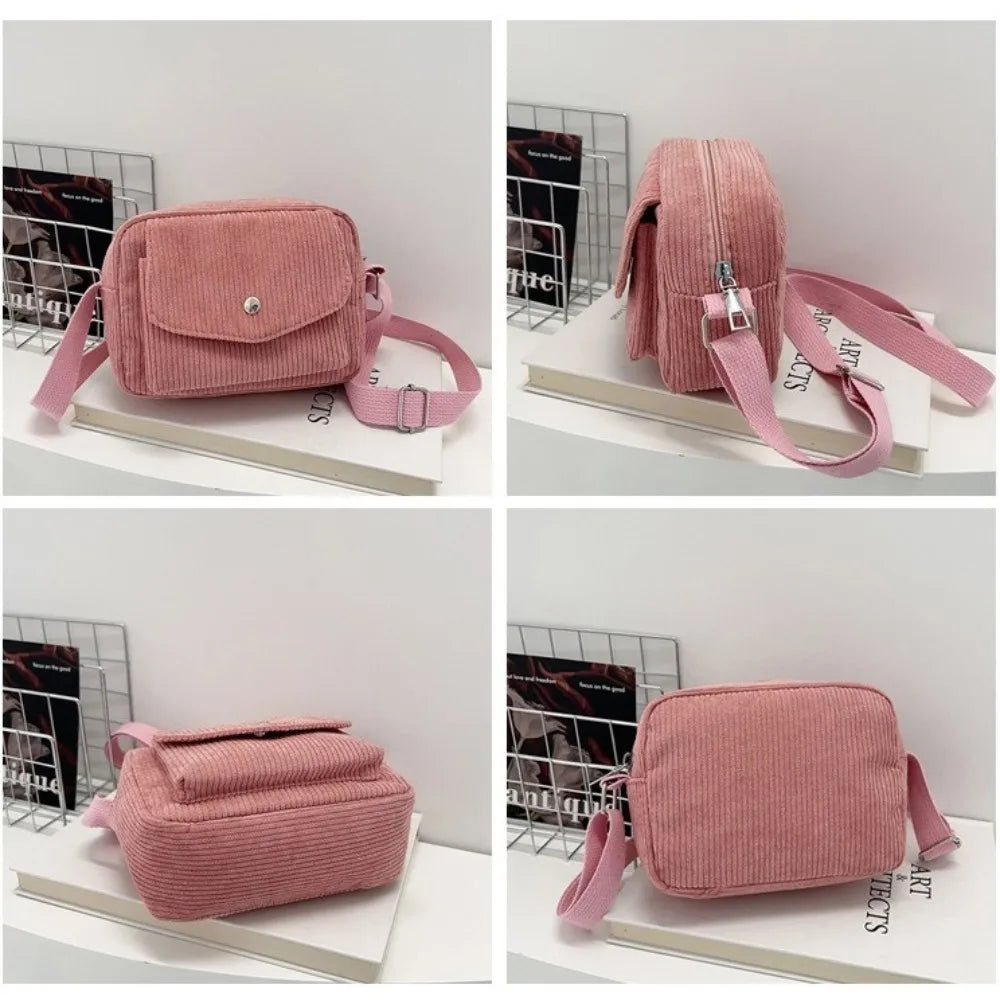 New Corduroy Striped Crossbody Bag Simple Design Solid Colour Shoulder Bags Adjustable Strap Lady's Square Bag for Casual Wear